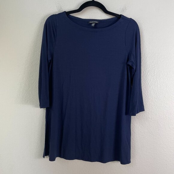 Eileen Fisher Womens XS Navy 3/4 Sleeve Tunic Top Viscose Blend Stretch Shirt - Picture 5 of 7